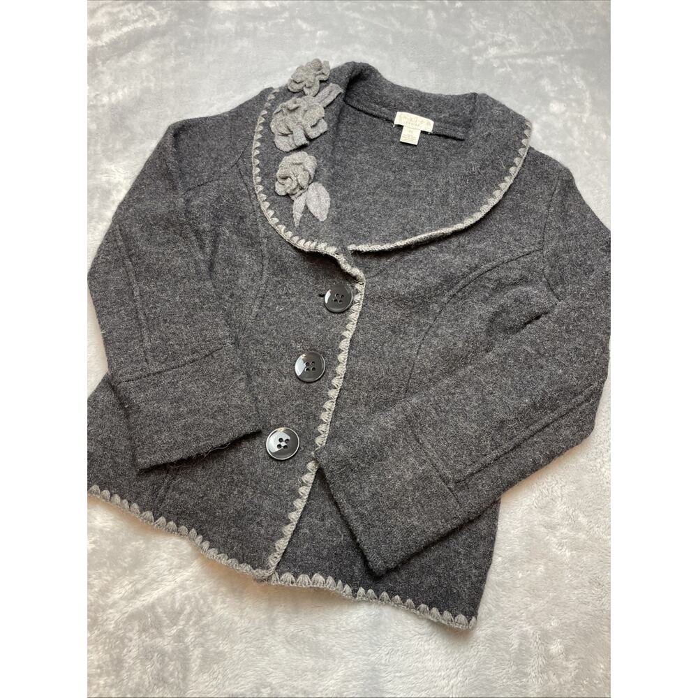 Tweeds Petite Boiled Wool Cardigan‎ Womens PS Charcoal Rosette Collar Pockets